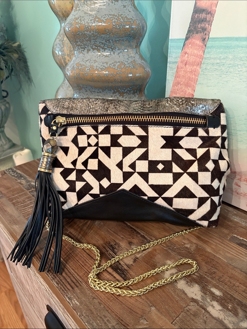 Rafe New York, leather Black & Cream Clutch with Tassel and Chain gorgeous